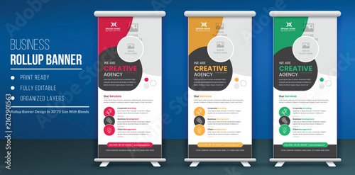 Professional business rollup banner design template with red orange and green accents for corporate marketing.