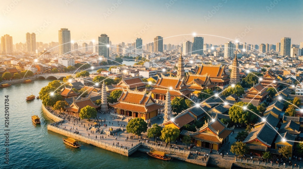 Fototapeta premium Aerial view of Bangkok city with ancient temples, modern skyscrapers. Digital network lines connect urban buildings, historic architecture. Smart city tech infrastructure uses ai, wireless