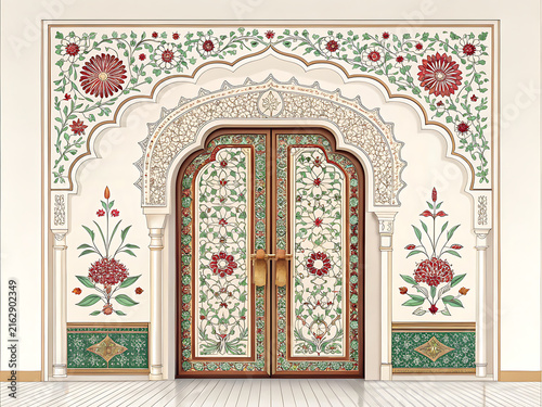 luxury Indian palace entrance door with elaborate symmetrical lotus mandala, floral vines, geometric jali motifs