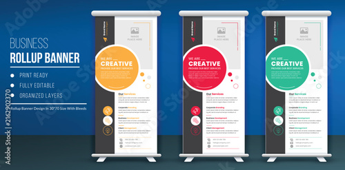 Professional business rollup banner with circle graphic and minimalist layout for corporate branding and marketing.