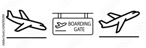Airport travel and boarding gate signage linear icon set