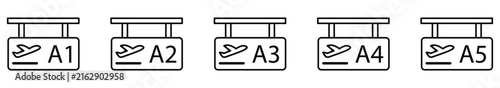 Airport boarding gate sequence linear icon set for travel