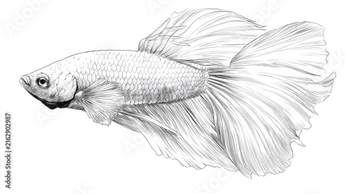 Detailed Line Art of Betta Fish with Flowing Fins and Tail