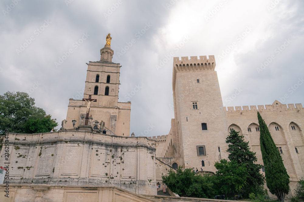 Obraz premium Palais des Papes et cathédrale d'Avignon sous ciel nuageux