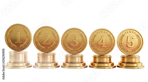 Gold medals with numbers one to five on pedestals isolated on transparent background