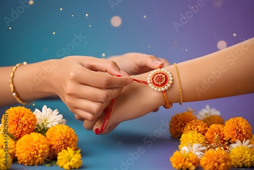 Sister tying rakhi bracelet on brother hand for raksha bandhan