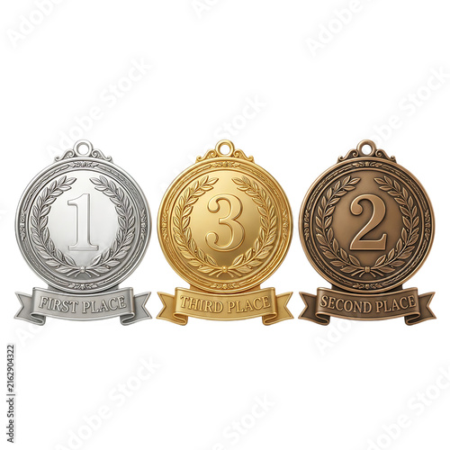 Set of three championship medals in gold, silver, and bronze isolated on transparent background