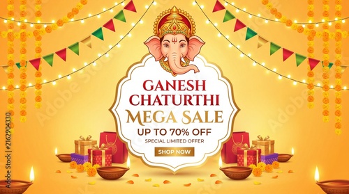 Ganesh Chaturthi Mega Sale Banner with Lord Ganesha Festival Discount Offer for Retail Marketing Promotion