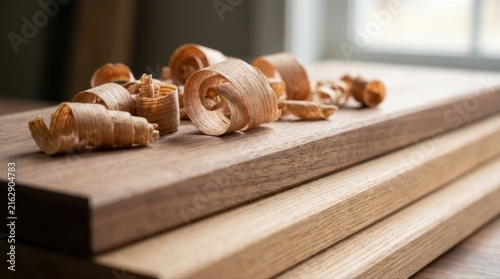 Wood shavings scattered on freshly planed wooden planks, showing the texture and grain of the material from carpentry work