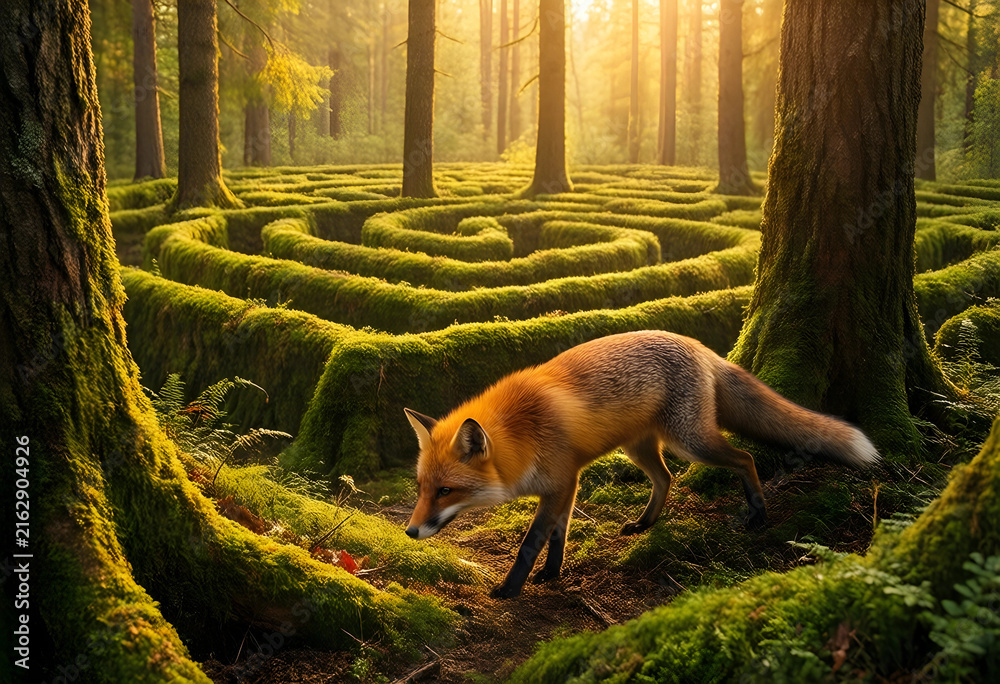 Naklejka premium Natures labyrinth and wildlife exploration, a red fox navigating a mossy forest maze at sunrise, environmental mystery and journey