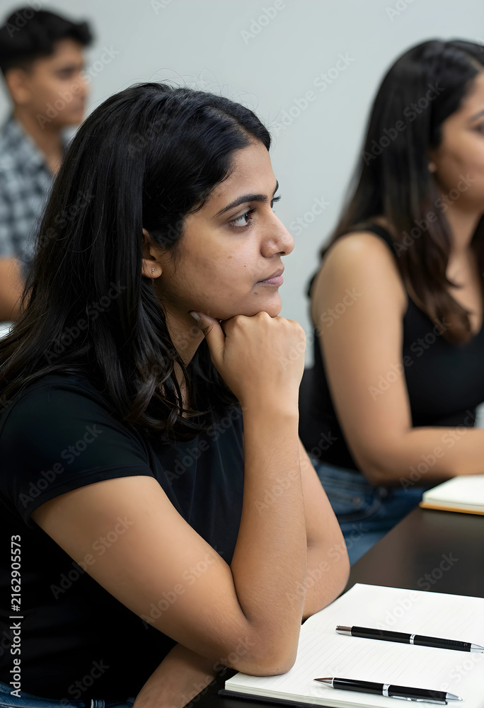 Fototapeta premium Student learning and education concept, young woman listening attentively in a classroom or seminar, focused on academic growth
