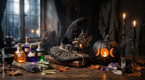 Witch hat and carved moon pumpkin with magic potions for halloween