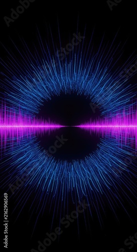 Abstract dark digital background featuring intricate glowing blue and purple sound wave patterns expanding outward, creating a deep echo chamber effect ,texture ,dynamic ,horizontal