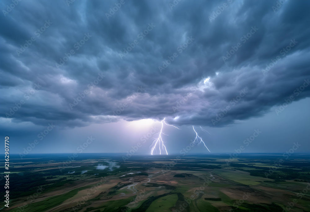Naklejka premium Climate change and extreme weather, powerful lightning strike over vast rural landscape with dark storm clouds