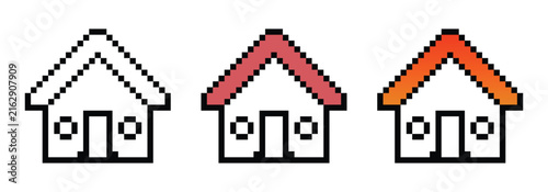 Pixelated Houses Set: A set of three minimalist pixel art icons depicting houses, showcasing a progression from an outline to colored roofs in shades of red and orange.