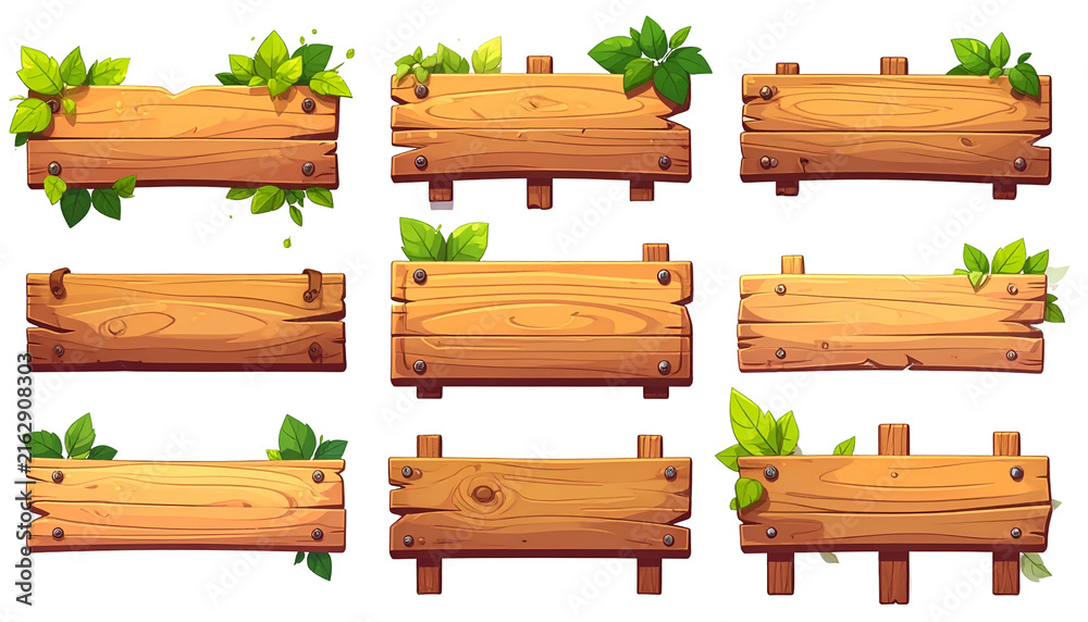 Fototapeta premium Collection of various cartoon-style wooden signs, adorned with green leaves, suitable for announcements and decorations