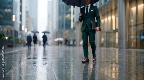 Businessman in green suit holding laptop case walking through rainy city business district