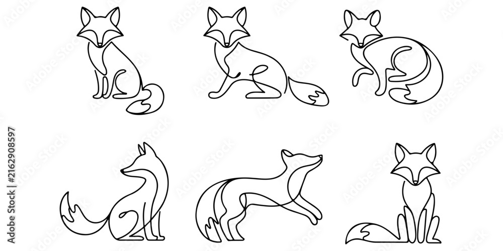 Obraz premium Set of minimal continuous line art vector illustrations featuring graceful foxes in various poses.