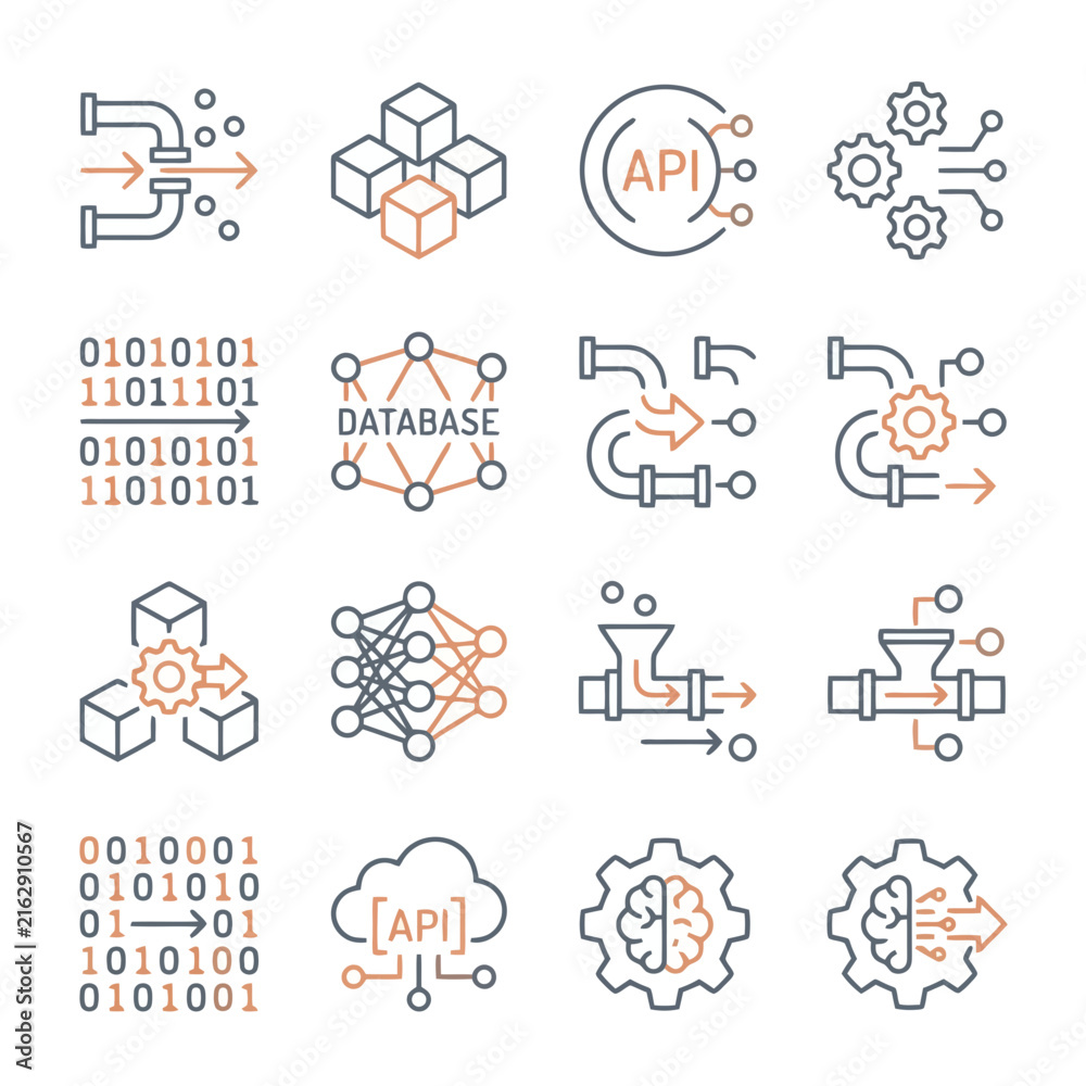 Fototapeta premium Data pipeline and API integration vector icon set for software development