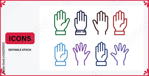 Set of human hand gesture and palm icons in outline style showing open hands with collection