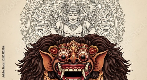 Balinese barong mask with hindu deity and mandala