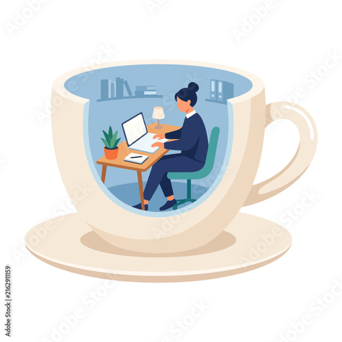 Bild auf Leinwand Businesswoman typing on laptop inside a massive cutaway coffee cup, surreal meta