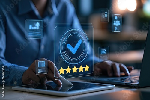 Customer Satisfaction Survey with Star Rating and Checkmark Icon.