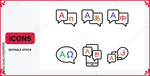 Set of translation and language communication icons showing speech bubbles with alphabet letters