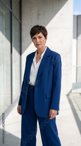 Successful businesswoman in elegant blue suit standing outdoors