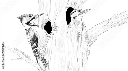 Woodpeckers Perched on Tree Trunk with Hollow Nesting Holes