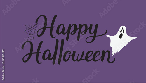 Obraz na plátně Lettering Happy Halloween with a ghost and a spiderweb