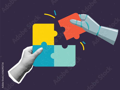Human's and robot's hands putting together puzzles. Modern photo collage style. Vector illustration