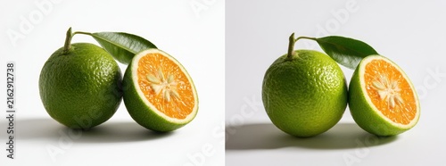 Two green oranges, one whole and one cut in half, with leaves on a white background.
