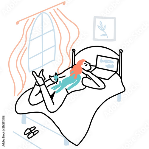 A person—a girl or a woman—watching a movie on a laptop while lying down; entertainment concept illustration. Hand drawn art.
