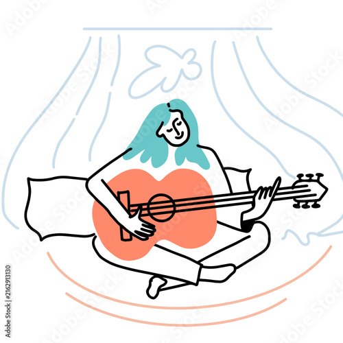 A girl is playing the guitar at home, hobby, day off. Hand drawn art.