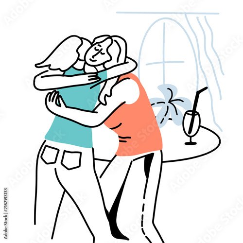 Friends meet up and hug each other, outdoors. Hand drawn vector line art.