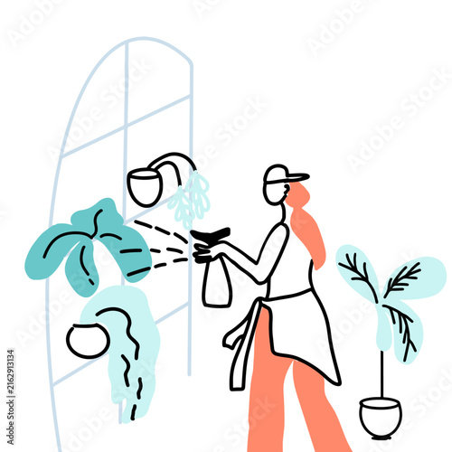 Taking care Houseplant Hobby concept. Hand drawn vector art.