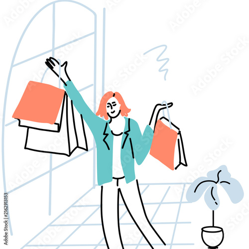 Woman enjoying shopping, girl with shopping bags. Hand drawn vector art.