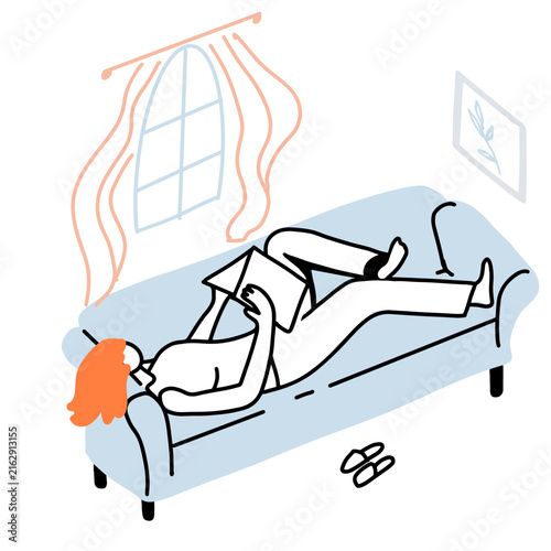 Relaxed Woman Reading A Book On A Comfortable Couch, Hand drawn line simple art.