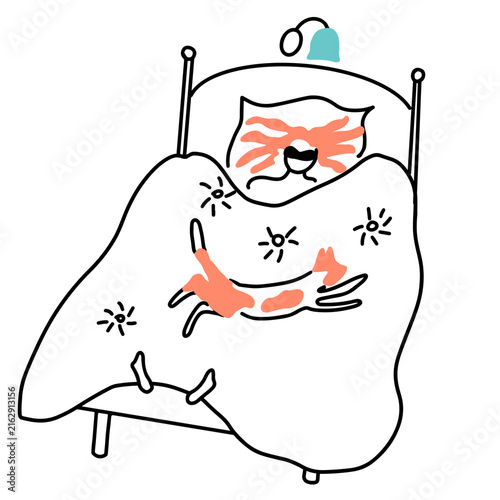 A girl wearing a sleep mask, covered by a blanket with a cat on top. A simple, hand-drawn illustration. Minimalist, elegant style.