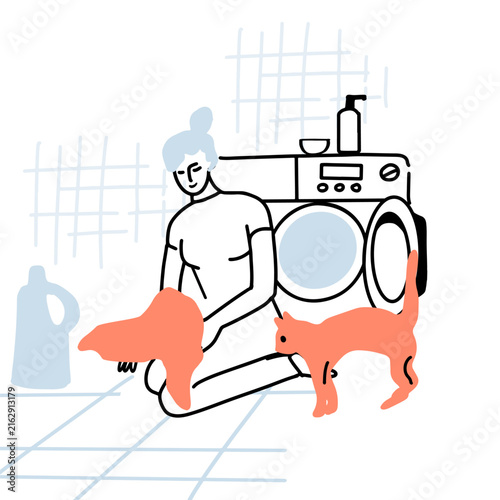 woman putting dirty clothes into washing machine, Hand drawn line simple art.
