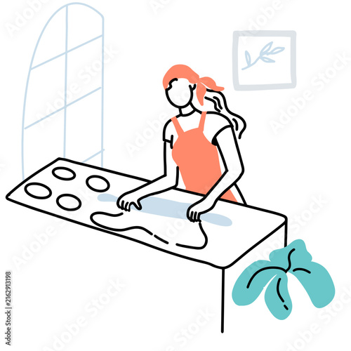 Woman in apron rolls out dough in kitchen. Hand drawn line simple art.