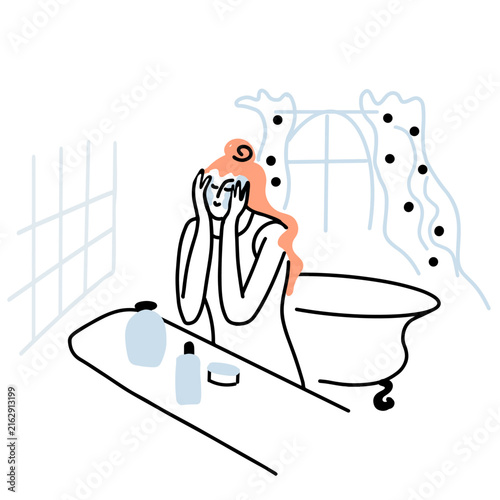 A girl, woman takes care of herself, Hand drawn line simple art.
