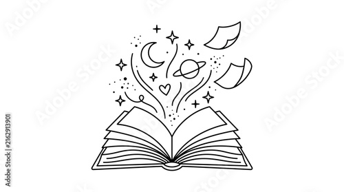 Magical elements emerging from an open book.