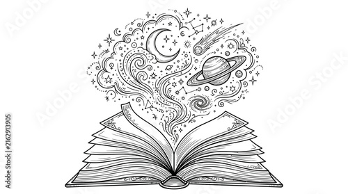 open book with planets and stars coming out.