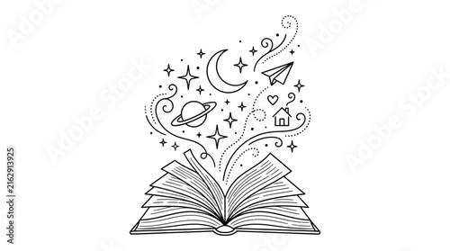 Open book with creative ideas and imagination.