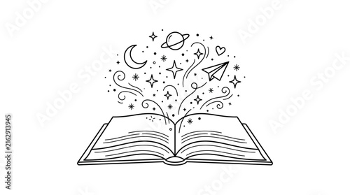 Open book with magical cosmic elements.
