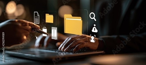 Digital Data Management and Organization with Futuristic Icons on a Tablet Interface.
