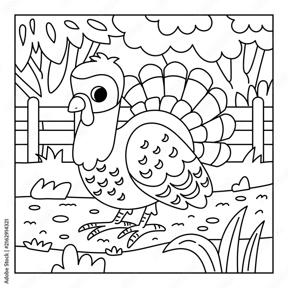 Fototapeta premium Coloring book for children with cute turkey on farm with country road and white fence. Black and white outline illustration for preschool and kindergarten kids. Square printable worksheet