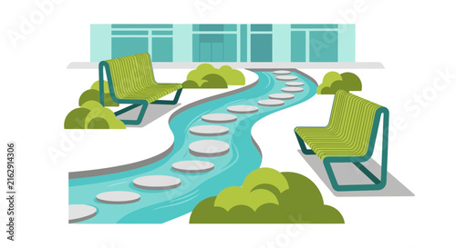Minimalist Modern Urban Park Illustration with Green Benches and Winding Water Path with Stepping Stones